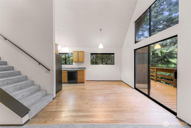 33 N Summit Dr, Bellingham, WA 98229 - kitchen with dishwasher, high vaulted ceiling, freestanding refrigerator, light wood-type flooring, and light brown cabinetry