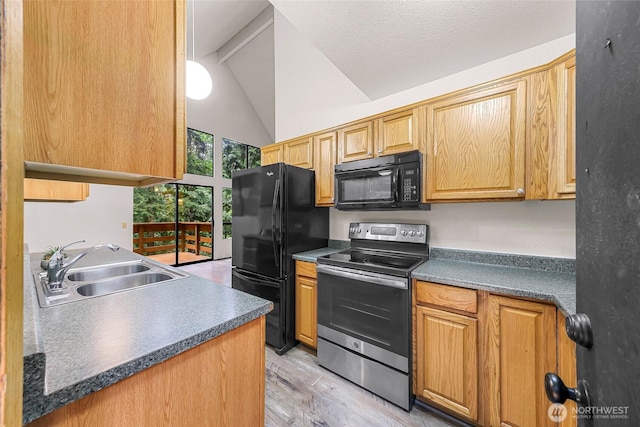 33 N Summit Dr, Bellingham, WA 98229 - kitchen featuring black appliances, a sink, dark countertops, lofted ceiling, and light wood finished floors