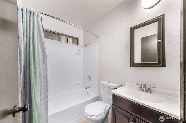 33 N Summit Dr, Bellingham, WA 98229 - full bath featuring shower / bath combo with shower curtain, toilet, vanity, a textured wall, and a textured ceiling