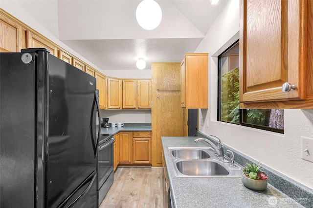 33 N Summit Dr, Bellingham, WA 98229 - kitchen featuring freestanding refrigerator, stainless steel electric stove, a sink, light wood finished floors, and lofted ceiling