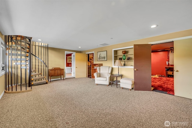 6490 NE Monte Vista Dr, Bainbridge Island, WA 98110 - sitting room featuring carpet flooring, stairway, and recessed lighting