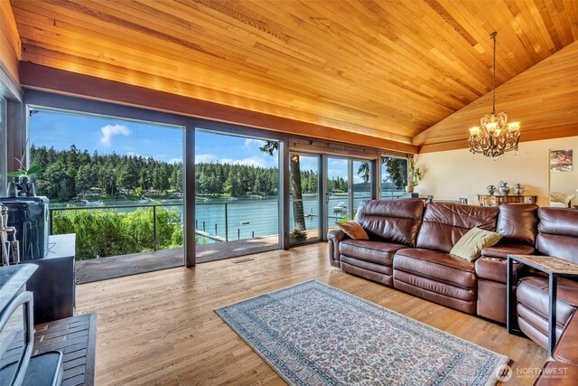 6490 NE Monte Vista Dr, Bainbridge Island, WA 98110 - living area with a wood stove, lofted ceiling, a chandelier, wooden ceiling, and a water view
