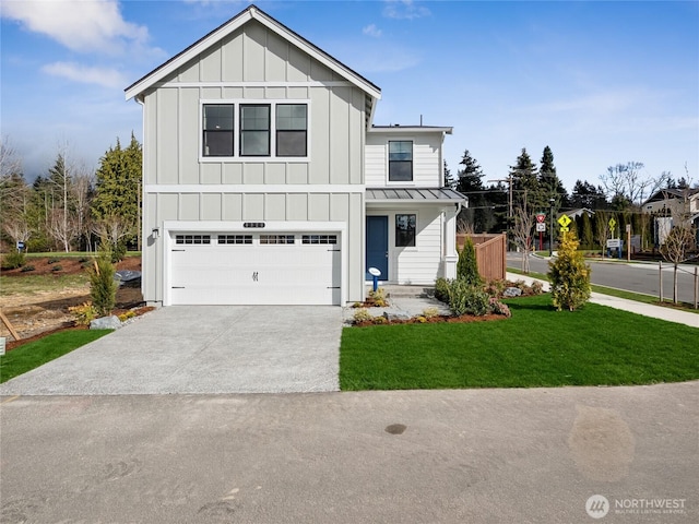 8310 115th Pl SE Unit 3, Newcastle, WA 98056 - view of front of property featuring a garage, a standing seam roof, a front lawn, concrete driveway, and metal roof