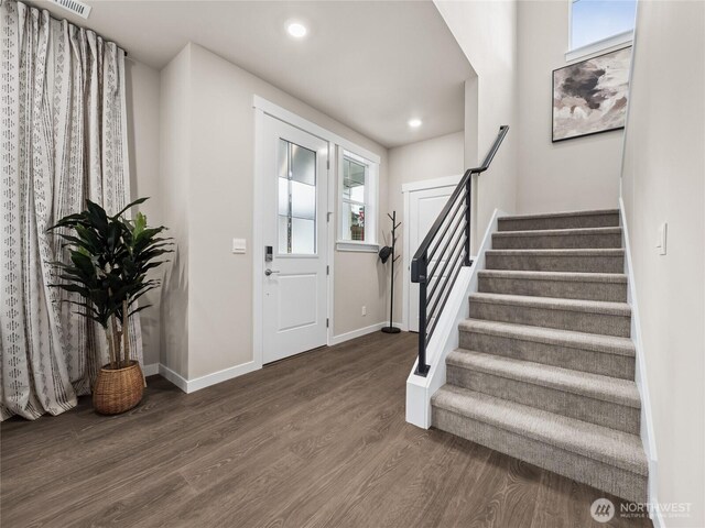 8310 115th Pl SE Unit 3, Newcastle, WA 98056 - entryway featuring wood finished floors, stairway, recessed lighting, and baseboards