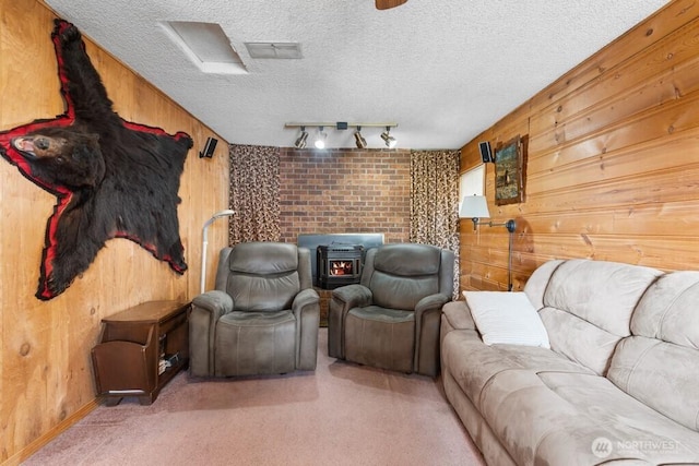 11939 SE 169th Pl, Renton, WA 98058 - carpeted home theater room with a wood stove, wooden walls, a textured ceiling, and rail lighting