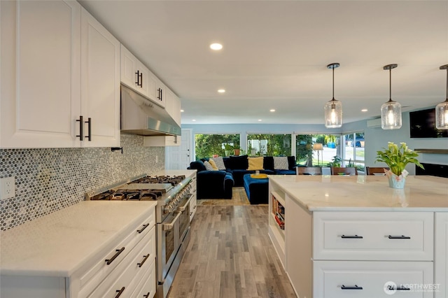 18008 Ashworth Ave N, Shoreline, WA 98133 - kitchen with under cabinet range hood, double oven range, open floor plan, recessed lighting, and plenty of natural light