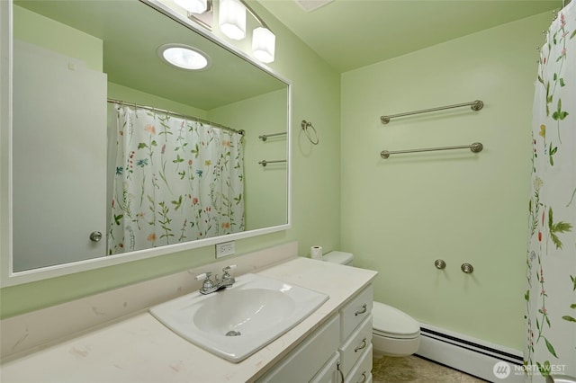 18008 Ashworth Ave N, Shoreline, WA 98133 - full bathroom featuring baseboard heating, vanity, toilet, and a shower with shower curtain
