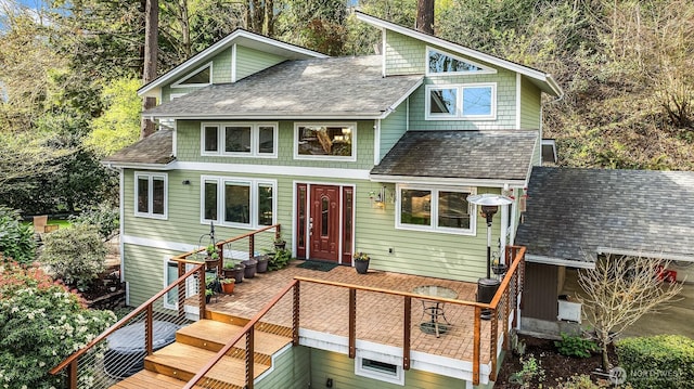 8521 E Mercer Way, Mercer Island, WA 98040 - view of front of house featuring a wooden deck and a shingled roof