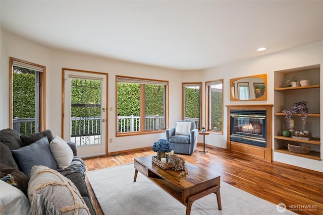 4315 Village Dr Unit B, Bellingham, WA 98226 - living room featuring a glass covered fireplace, light wood-style flooring, plenty of natural light, recessed lighting, and baseboards