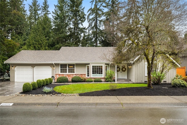 21024 NE 36th St, Sammamish, WA 98074 - view of front of house with driveway, an attached garage, a front yard, a shingled roof, and brick siding
