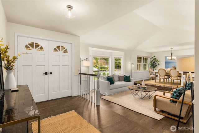 21024 NE 36th St, Sammamish, WA 98074 - living room with dark wood-style floors, lofted ceiling, and a chandelier