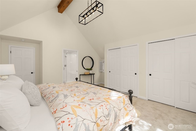21024 NE 36th St, Sammamish, WA 98074 - bedroom featuring two closets, beamed ceiling, light carpet, and high vaulted ceiling