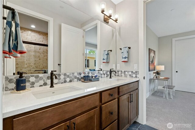 15535 NE 60th St, Redmond, WA 98052 - bathroom with double vanity, decorative backsplash, and a tile shower