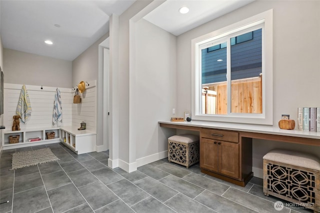 15535 NE 60th St, Redmond, WA 98052 - mudroom with dark tile patterned flooring, baseboards, and recessed lighting