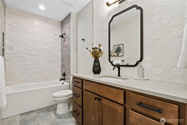 15535 NE 60th St, Redmond, WA 98052 - full bathroom featuring vanity, toilet, shower / bathtub combination, tile patterned flooring, and recessed lighting