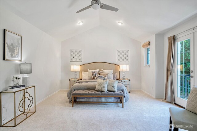 7817 NE 112th St, Kirkland, WA 98034 - carpeted bedroom with access to outside, vaulted ceiling, baseboards, and a ceiling fan