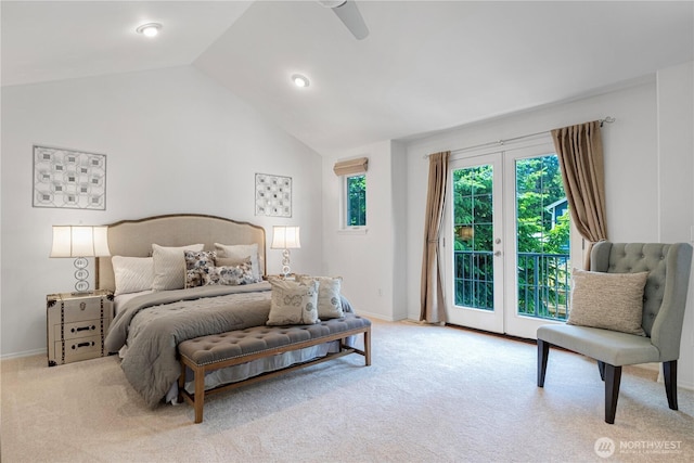 7817 NE 112th St, Kirkland, WA 98034 - carpeted bedroom featuring access to exterior, multiple windows, lofted ceiling, baseboards, and ceiling fan