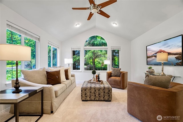 7817 NE 112th St, Kirkland, WA 98034 - carpeted living area featuring a ceiling fan and vaulted ceiling