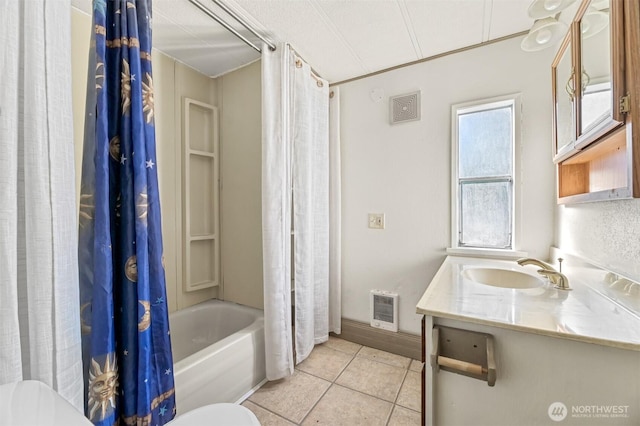 8445 Golden Valley Dr, Maple Falls, WA 98266 - full bathroom with toilet, vanity, tile patterned floors, shower / tub combo with curtain, and heating unit