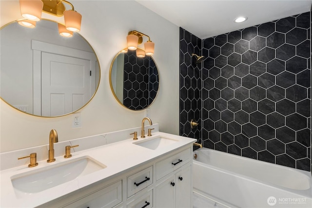 401 Flair Valley Ct, Maple Falls, WA 98266 - bathroom featuring double vanity, bathing tub / shower combination, and recessed lighting