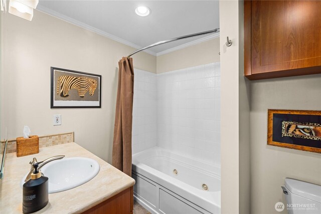 17834 SE 40th Pl, Bellevue, WA 98008 - bathroom with a combined bath / shower with jetted tub, ornamental molding, toilet, and vanity