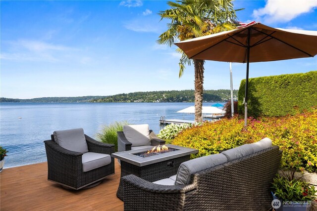 17834 SE 40th Pl, Bellevue, WA 98008 - wooden deck featuring a water view and an outdoor fire pit