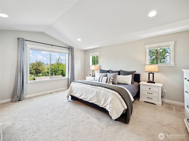 208 Hovey St, Buckley, WA 98321 - bedroom with light carpet, baseboards, vaulted ceiling, and recessed lighting