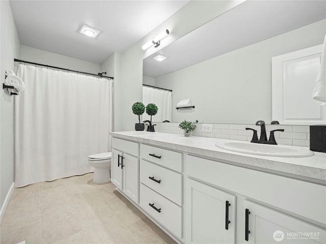 208 Hovey St, Buckley, WA 98321 - bathroom with double vanity, backsplash, toilet, tile patterned flooring, and a shower with curtain