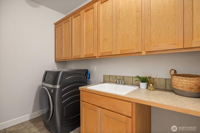 11005 NE 100th Pl, Kirkland, WA 98033 - laundry room featuring cabinet space, washer / clothes dryer, baseboards, and tile patterned flooring