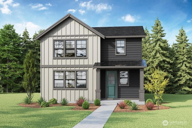 8307 115th Pl SE Unit 26, Newcastle, WA 98056 - view of front facade featuring board and batten siding, a front yard, and roof with shingles
