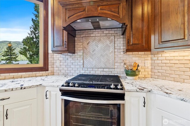 20 Longshore Ln, Bellingham, WA 98229 - kitchen with range with gas cooktop, tasteful backsplash, premium range hood, and light stone countertops