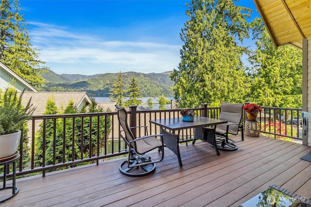 20 Longshore Ln, Bellingham, WA 98229 - wooden terrace featuring a mountain view and outdoor dining space