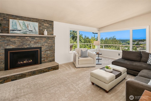 7440 SE 32nd St, Mercer Island, WA 98040 - carpeted living area with lofted ceiling and a fireplace