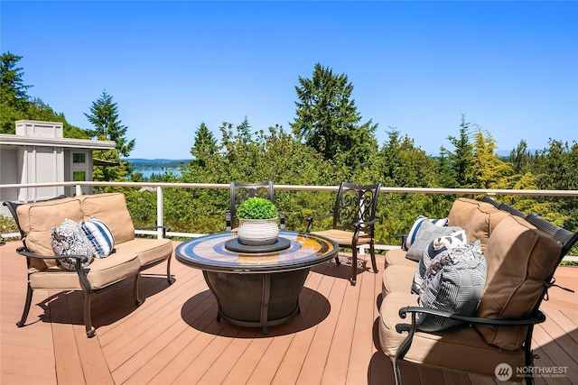 7440 SE 32nd St, Mercer Island, WA 98040 - wooden terrace with outdoor lounge area and a water view