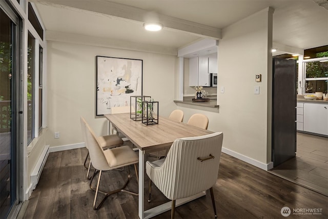 846 NE 104th St, Seattle, WA 98125 - dining room with baseboard heating, baseboards, dark wood finished floors, and ornamental molding