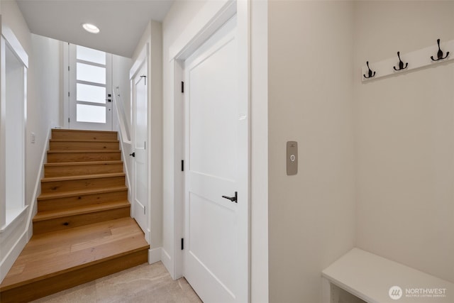 15001 NE 8th St, Bellevue, WA 98007 - mudroom with recessed lighting, light colored carpet, and baseboards