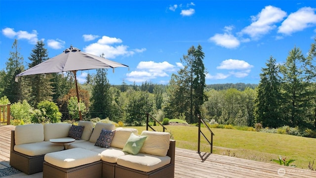 10539 N Madison Ave NE, Bainbridge Island, WA 98110 - wooden terrace with a view of trees, an outdoor living space, and a yard