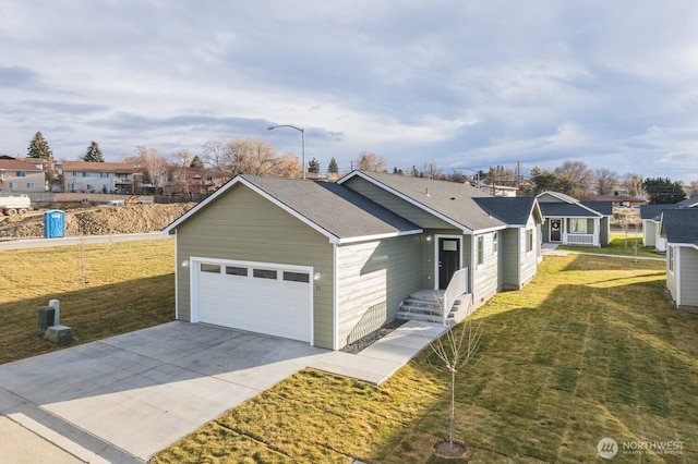 123 E 9th Ave Unit 67, Moses Lake, WA 98837 - single story home with an attached garage, concrete driveway, a front yard, a residential view, and roof with shingles