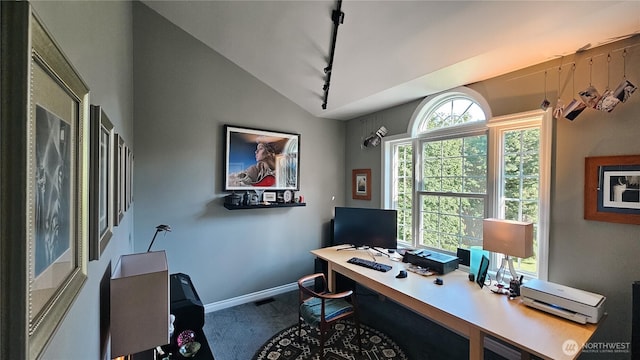 10920 Chaucer St SE, Olympia, WA 98501 - carpeted office space featuring rail lighting, vaulted ceiling, and baseboards