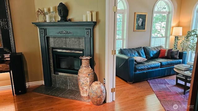 10920 Chaucer St SE, Olympia, WA 98501 - living area featuring wood finished floors and a tiled fireplace