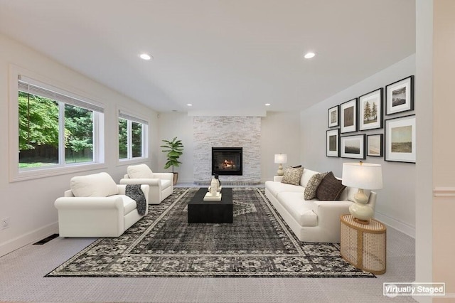 16710 Snohomish Ave, Snohomish, WA 98296 - carpeted living room with baseboards, recessed lighting, and a fireplace