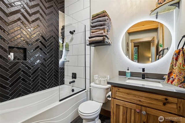 3271 Via Kachess Rd, Easton, WA 98925 - bathroom with toilet, vanity, bathing tub / shower combination, and a textured wall