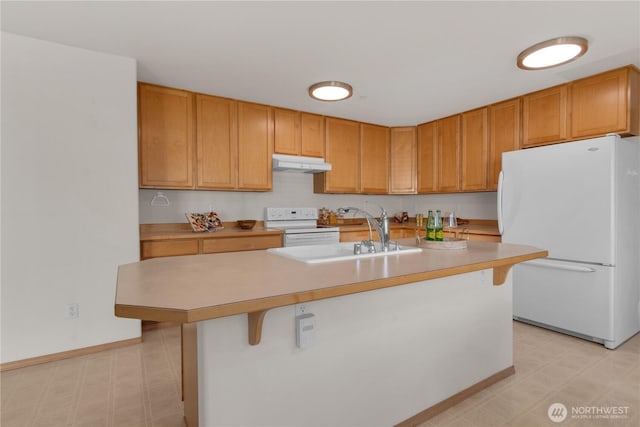 22111 96th Pl S, Kent, WA 98031 - kitchen featuring white appliances, under cabinet range hood, light flooring, and a sink