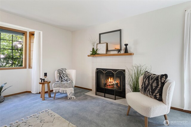3861 Gala Loop, Bellingham, WA 98226 - living area with carpet, a tile fireplace, and baseboards