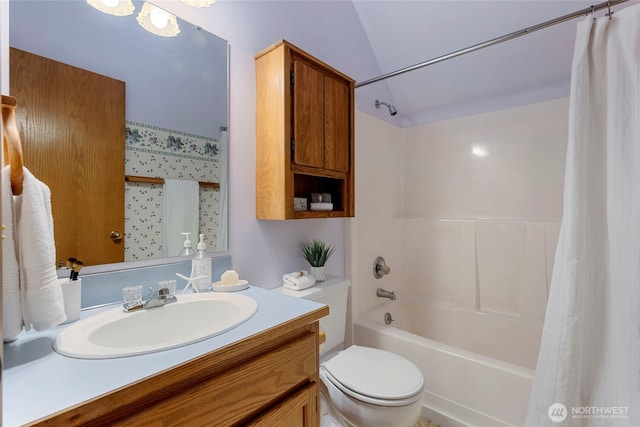 3861 Gala Loop, Bellingham, WA 98226 - bathroom featuring vanity, shower / bath combination with curtain, toilet, and vaulted ceiling