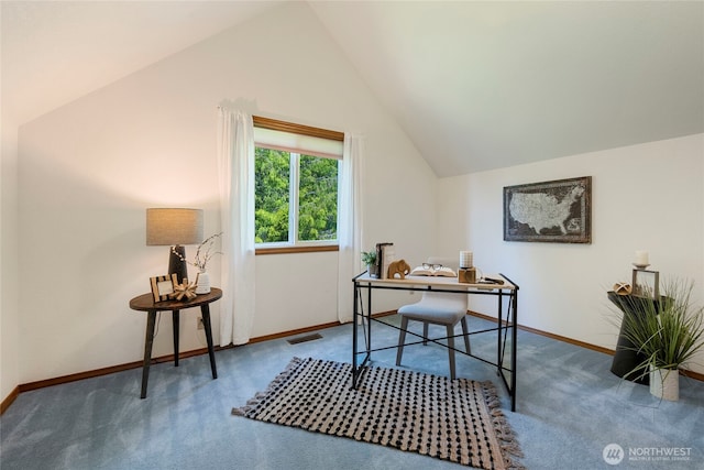 3861 Gala Loop, Bellingham, WA 98226 - home office with lofted ceiling, carpet flooring, and baseboards
