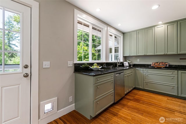 761 Chuckanut Dr, Bellingham, WA 98229 - kitchen featuring dishwasher, a sink, healthy amount of natural light, dark wood finished floors, and recessed lighting