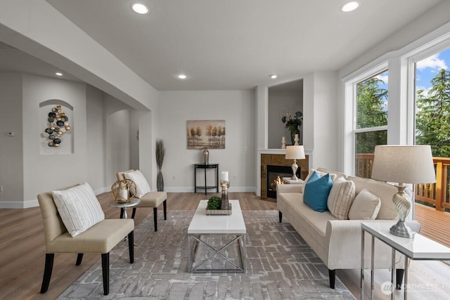9304 S 223rd Pl, Kent, WA 98031 - living room featuring recessed lighting, wood finished floors, baseboards, and a fireplace