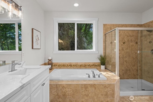 9304 S 223rd Pl, Kent, WA 98031 - full bath with vanity, a bath, a stall shower, and recessed lighting