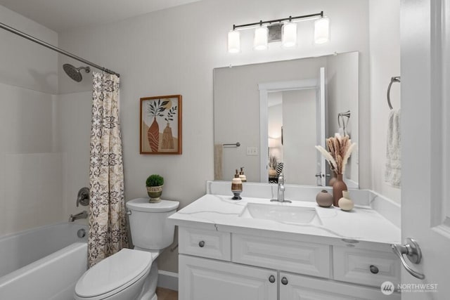 9304 S 223rd Pl, Kent, WA 98031 - bathroom with vanity, toilet, and shower / bathtub combination with curtain